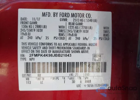 2018 Ford Edge Titanium из США, поврежденный, VIN 2FMPK4K98JBB21043